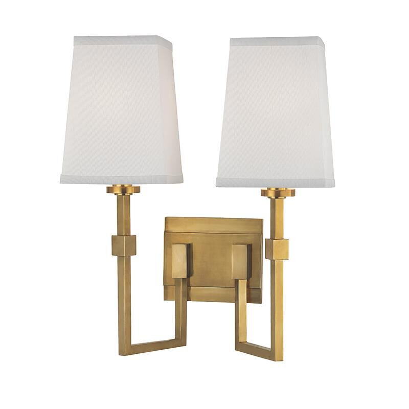 Shown in Aged Brass finish and White Faux Silk shade